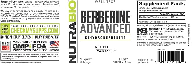 NutraBio Berberine Advanced Supplement (Dihydroberberine), 200 mg - Provides Advanced Absorption Carbohydrate Tolerance Support, 60 Caps
