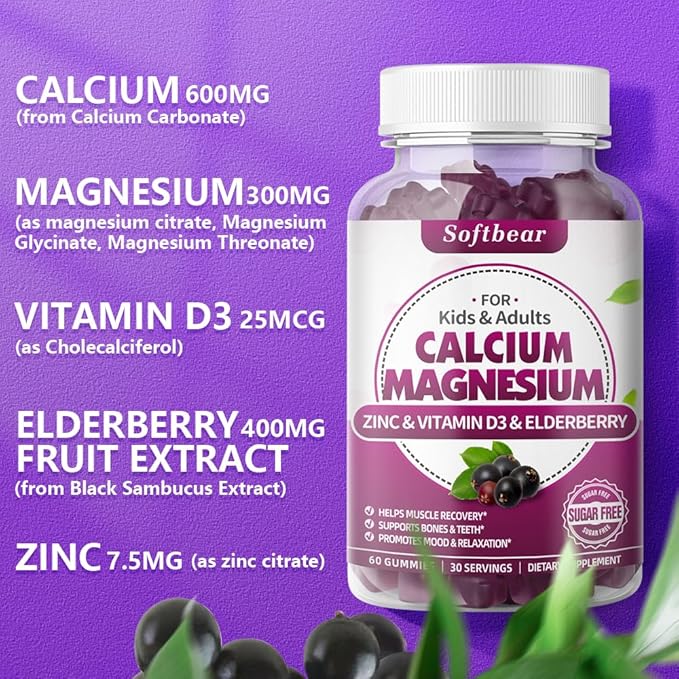 softbear Calcium Magnesium Zinc Gummies for Women, High Absorption Calcium Magnesium Supplement Chewable Calcium 600 mg for Bone Strength Vegan Elderberry Flavor 60 Gummies