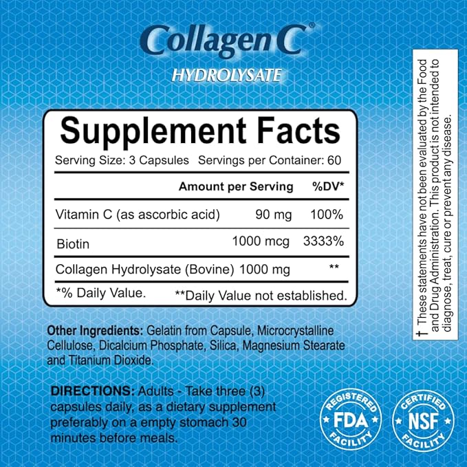 CollagenC - Collagen Hydrolysate Capsules with Biotin by Alfa Vitamins - Anti-Aging Nutritional Supplement for Skin, Nails & Hair Rejuvenation - Supports Bone & Muscle - Made in USA - 180 Capsules