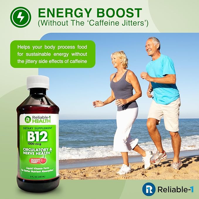 Reliable-1 Laboratories Liquid Vitamin B12 Daily Supplement 1000mcg for Adult Men & Women - Natural Cherry Flavor