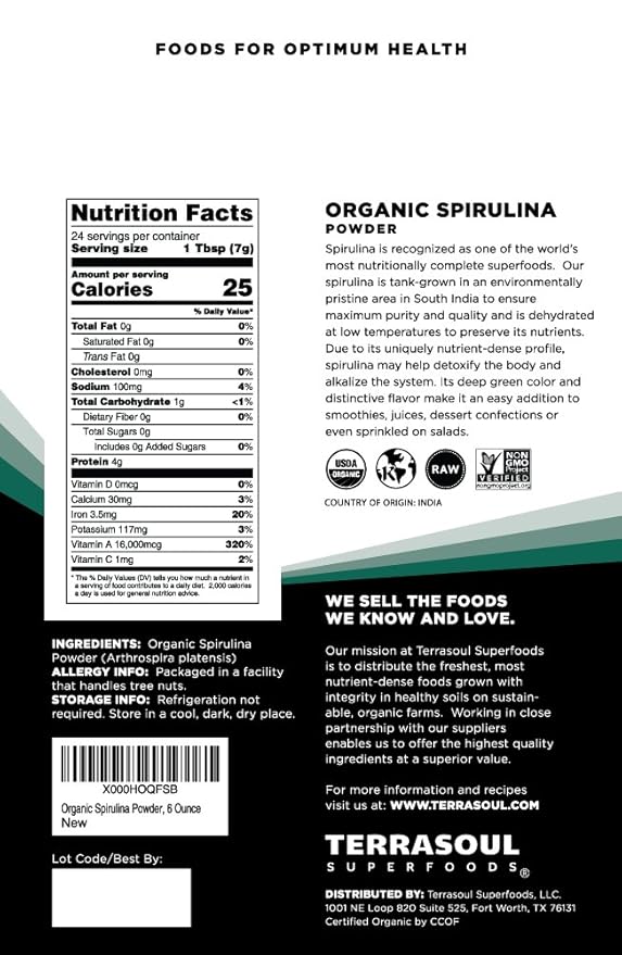 Terrasoul Superfoods Organic Spirulina Powder, 6 Oz, Vegan Protein, Green Superfood Boost for Smoothies, Detoxifying Elixirs, and Immune Support