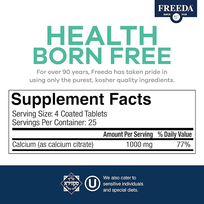 Freeda Calcium Citrate – Kosher Vegan Bone Strength Supplement – Supports Bone Density & Muscle Function – Calcium 1000mg per Serving – No Added Vitamin D – (100 Tablets)