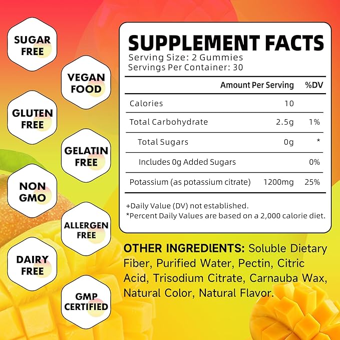 Potassium Citrate Gummies, High Potassium Supplement Gummies 1200mg Support Leg Cramps & Muscle Health, Potassium Gummies for Adults & Kids, Vegan, Mango Flavor 120 Count