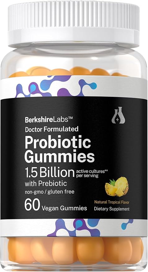Horbäach Probiotic Gummies | 60 Count | 1.5 Billion with Prebiotic | Adult Supplement for Women and Men | Doctor Formulated | Tropical Flavor | Vegan, Non-GMO, and Gluten Free | Berkshire Labs