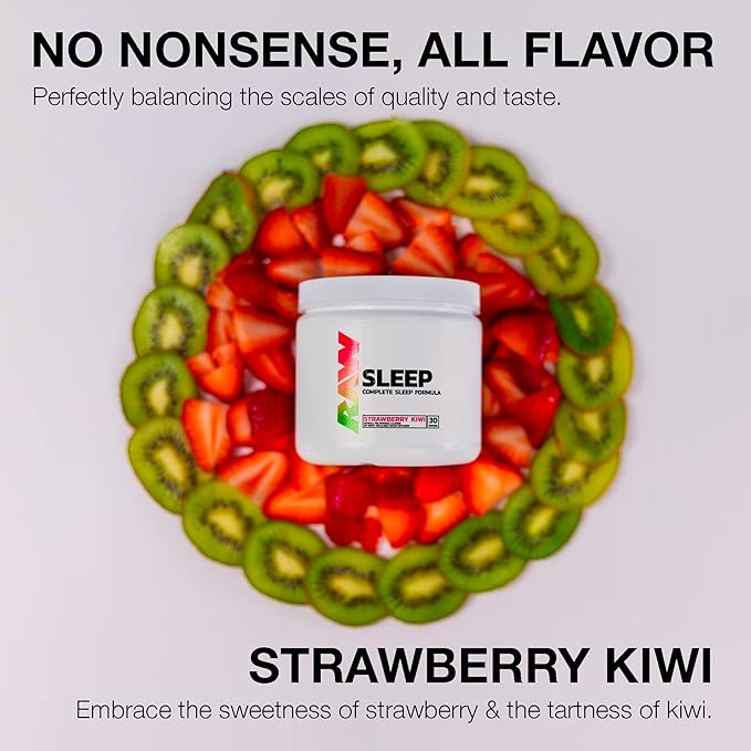 RAW Natural Sleep Aid Supplement - Relaxation Enhancer & Mood Support with Melatonin, Magnesium, Zinc, L-Tryptophan & Lemon Balm Extract to Relax & Calm The Mind & Body - 30 Servings, Strawberry Kiwi