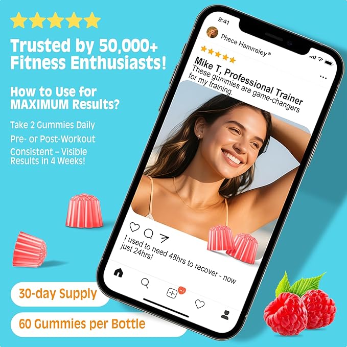 HMB & L-Leucine Gummies 4000mg (60 Count) - Sugar Free, Vegan, Non-GMO, Gluten Free - Supports Muscle Growth, Recovery & Endurance for Men, Women & Elder - Raspberry Flavor
