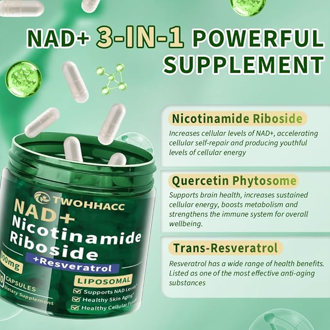 NAD Supplement NAD Nicotinamide Riboside Resveratrol 900mg 120 Capsules Liposomal NAD Supplements for Women Men Support Cellular Health Anti-Aging Energy Focus Boost NAD+ Levels