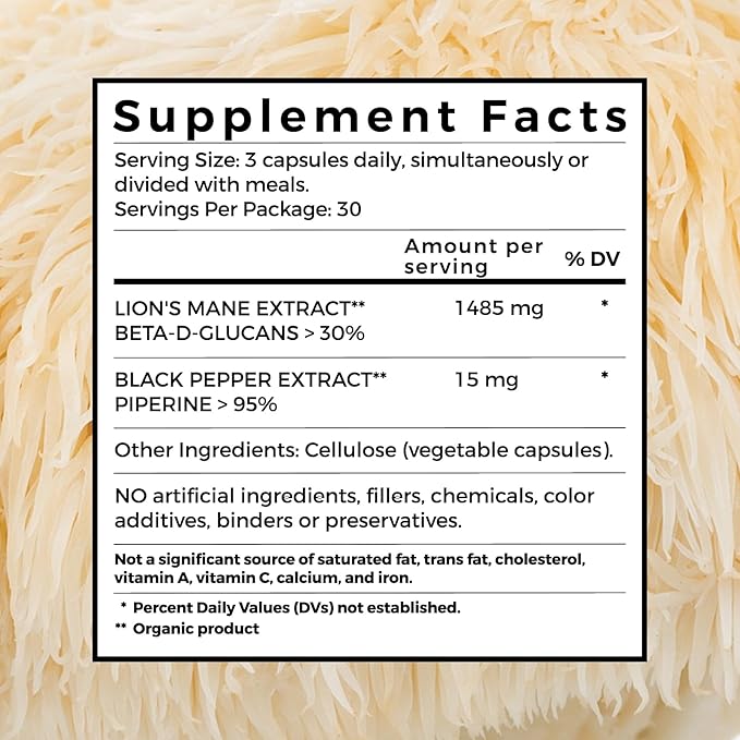 Neuro Vital Lion's Mane & Piperine Brain Supplement - Amplify Focus, Boost Memory, and Enhance Mental Clarity – Lab Tested & Allergen Free - 90 Premium Veggie Capsules for Immune Support