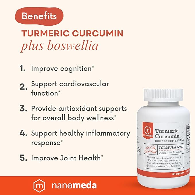 Nano Meda® Turmeric Curcumin with Boswellia | 100% Bioavailable, Patented Micronized Turmeric, Enhanced Absorption | Joint Support Supplement, 60 Count