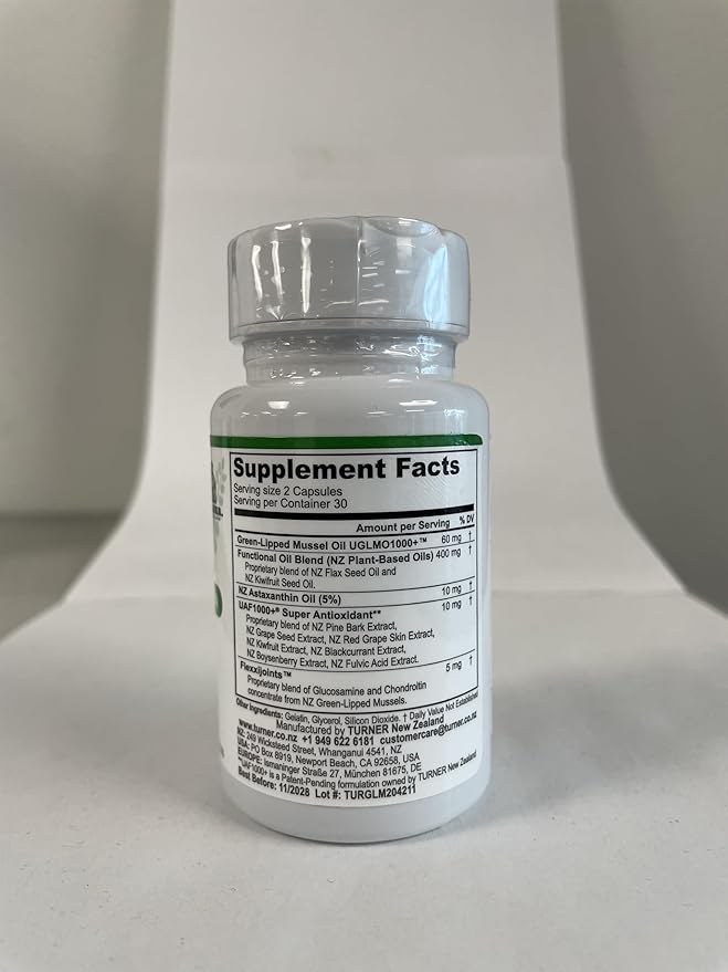 TURNER Omega-3 New Zealand Green Lipped Mussel Oil, 53x Higher Potency with UAF1000+ Super Antioxidant for Superior Joint Comfort & Mobility, No Fishy Aftertaste, 1 Bottle, 60 Softgels