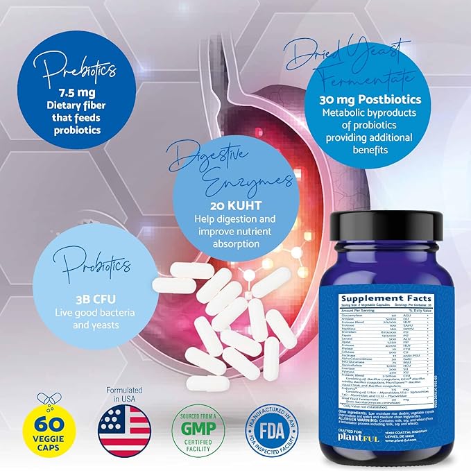 4-in-1 Pre Post Probiotics & Digestive Enzymes - Complete Gut Health & Digestive Support for Women & Men - Prebiotic Probiotic & Postbiotic Gas & Bloating Relief – 60 Non GMO Capsules