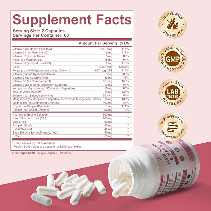Biotin 10,000mcg | Collagen | Hyaluronic Acid | Vitamin B, C, D3, E, Folate, Iron, 25-in-1 Formula Hair, Skin & Nails Supplement, Hair Growth Support, Skin & Nails Complex for Women