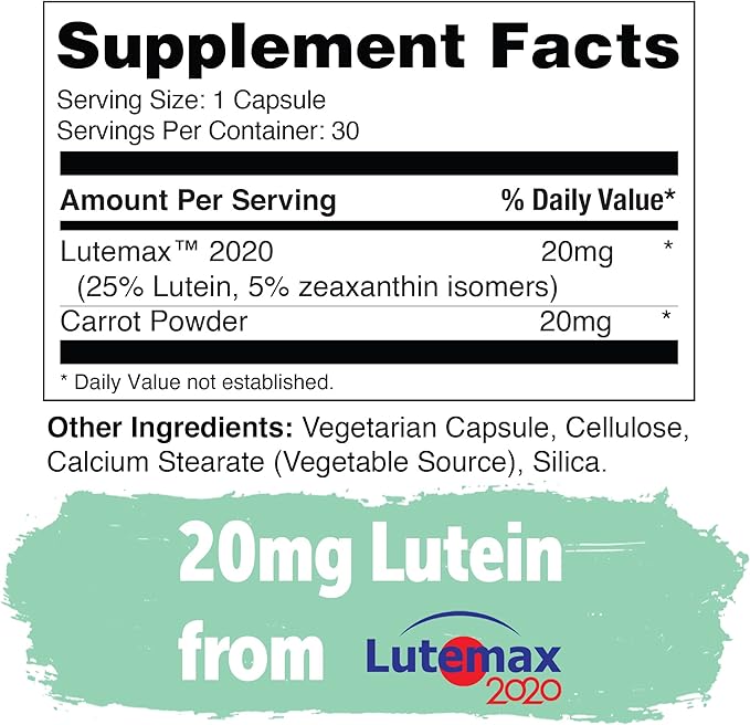 Yuve 20mg Lutein & Zeaxanthin Eye Health Supplement with Clinically Studied Lutemax 2020 Carotenoid Complex - Supports Dry Eyes, Fatigue & Vision Clarity - 30 Vegan Capsules