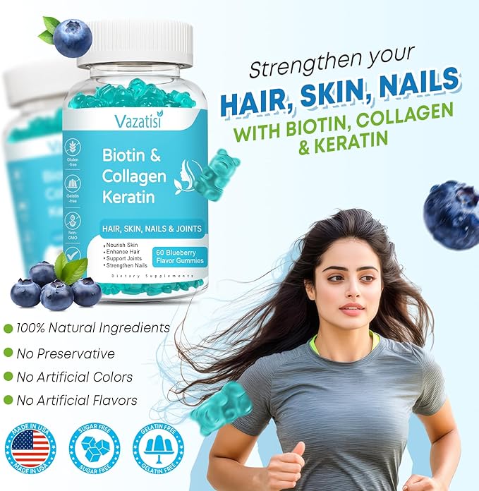 2 Pack Biotin Gummies with Collagen & Keratin for Hair Skin Nails- Women Men, Kids - 120 Blueberry Flavored Gummies