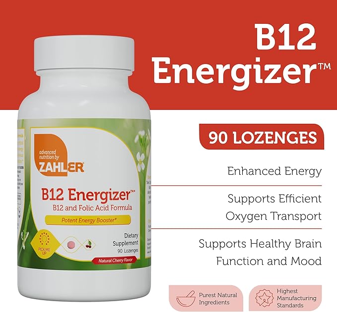 Zahler Energizer - Folate and B12 Supplement - Fast Dissolving Cherry Flavor Lozenges Dual Vitamin Methylated B12 & Folate Supplement with 1360 mcg Folic Acid + 1000 mcg Methyl Vitamin B12 (90 Count)