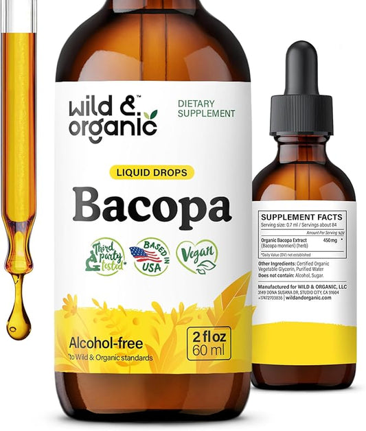 Wild & Organic Bacopa Tincture - Supports Calm, Focus, Clarity - Bacopa Monnieri Supplement Liquid - Alcohol-Free Drops with Brahmi Extract - Vegan, Sugar-Free - 2-Month Supply - 2 fl oz