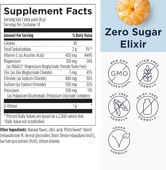 Designs for Health ElectroPure Hydration Packets - Clementine-Flavored Electrolytes Powder, No Sugar - Drink Mix Packets with Vitamin C, Magnesium + Zinc - Hydrate + Replenish (14 Stick Packets)