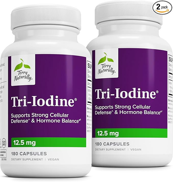 Terry Naturally Tri-Iodine - Aid Thyroid Health with Potassium Iodide & Sodium Iodide - Aids Hormone Balance with Molecular Iodine from Kelp - Brain & Energy Support - 12.5mg, 180 Capsules (Pack of 2)