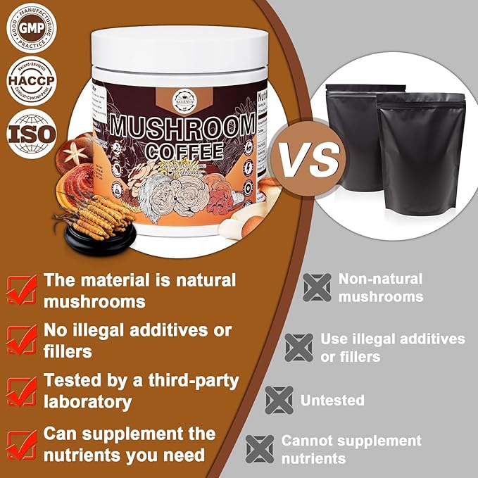 Mushroom Coffee, Instant Mushroom Coffee Mushroom Powder Blend (20 Servings) with Cordyceps, Reishi, Lion's Mane, Shiitake, King Trumpet, Mushroom Supplement for Energy, Focus, Immune Support