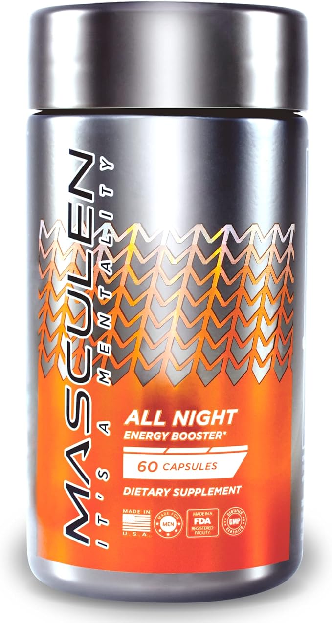 All Night Energy Supplements for Men | Energy Booster to Support Extra Energy & Fine-Tuned Focus When Your Energy Drops | Plant-Based and All-Natural | 60 Supplement Capsules One Month Supply