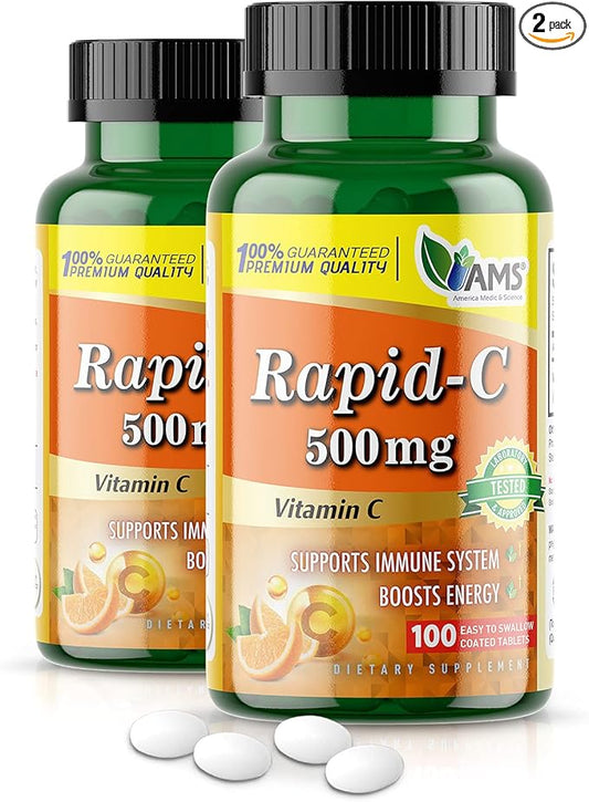 America Medic & Science Rapid-C 500mg Vitamin C Supplement (2 Pack of 100 Tablets) Energy Booster, Daily Immune System Support, Antioxidant | Vegan, Non-GMO Coated Ascorbic Acid for Adult Men & Women