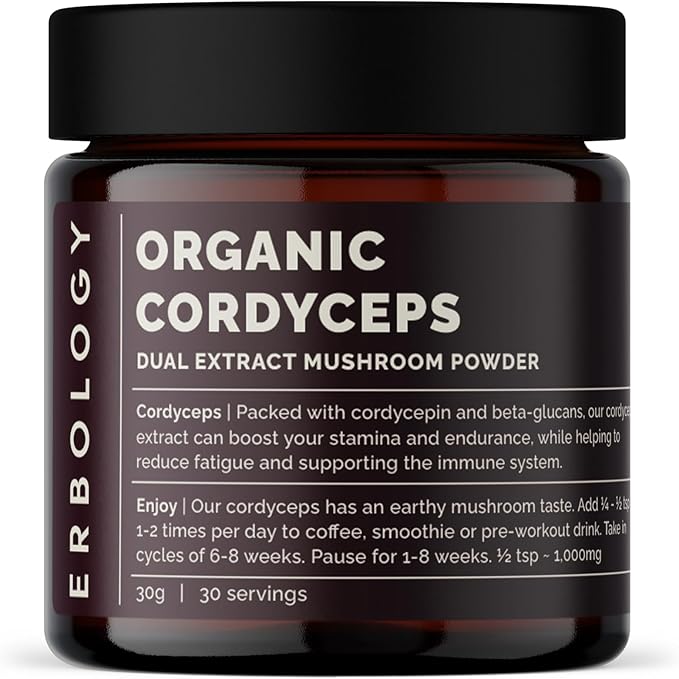 Erbology Organic Cordyceps Dual Extract Powder 30 Servings - 32% Beta-glucans and Cordycepin 7.1mg/g - Energy and Performance - Small Batch - Sustainably Grown in Europe - Vegan - No Added Fillers