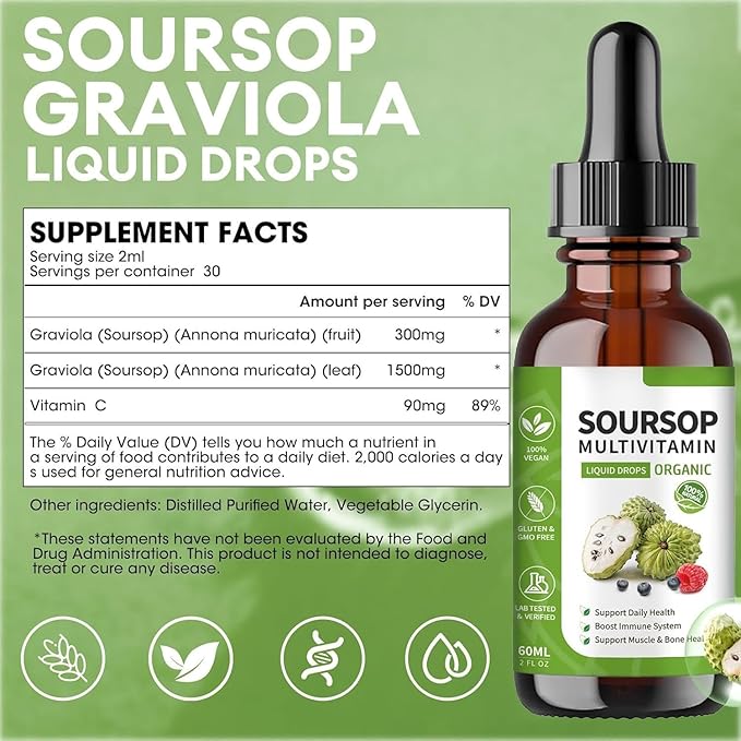 Soursop Bitters Liquid 2 Fl Oz, Soursop Graviola Leaf Extract Liquid Drop, Soursop Multivitamin Liquid Drops Organic for Cell Support, Immune System, Relax
