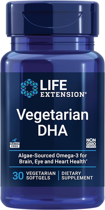 Life Extension Vegetarian DHA, Omega-3 from Algae for cognition, Mood & Eye Health, Gluten-Free, Non-GMO, Vegan, 30 softgels