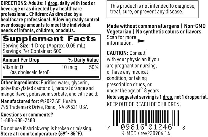 Klaire Labs Micellized Vitamin D3 Liquid for Children, Infants & Adults - 400 IU Vitamin D per Drop - Suitable for Kids - Immune Support - Natural Mango Orange Flavor Drops (600 Servings / 1 fl oz)
