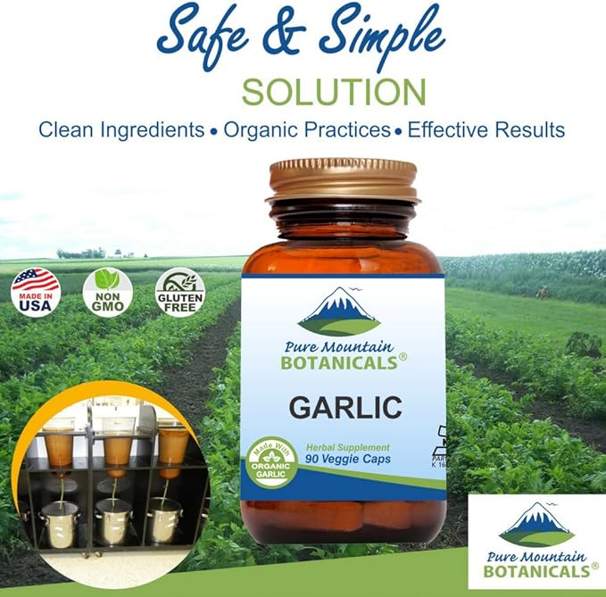 Pure Mountain Botanicals Garlic Pills Kosher Vegan Capsules with 500mg Organic Garlic Allium Sativum Supplement