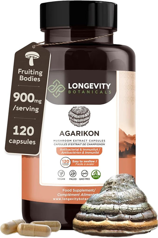 Longevity Botanicals Wildcrafted Agarikon Mushroom Extract Capsules (120) | Concentrated 10:1 Ratio | 100% Fruiting Bodies | Laricifomes Officinalis Supplement for Immunity & Respiratory Support