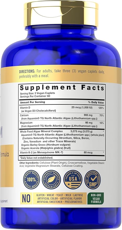 Carlyle Plant Based Calcium with Vitamin K2, D3, Magnesium | 180 Vegan Caplets | Bone Strength Supplement | Non-GMO, & Gluten Free