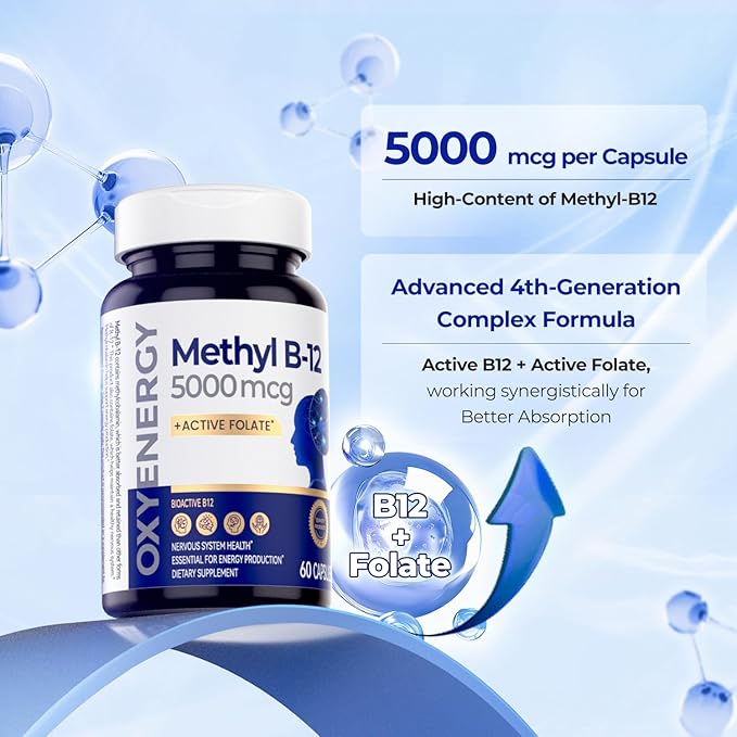 OxyEnergy Methyl Vitamin B12 5000mcg, Extra Strength Methylcobalamin B-12 Supplements with Folate, Support Nerves, Energy Metabolism & Cognitive,60 Capsules