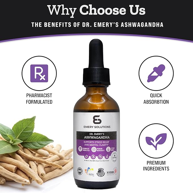 Dr. Emery's Ashwagandha Liquid Drops Organic Extract Supplement for Relaxation, Mental Clarity, Natural Calm, and Mood, Vegan, Made in USA, 30 Day Supply