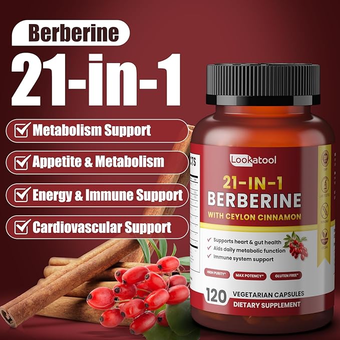 21-in-1 Berberine Supplement with Ceylon Cinnamon - Organic Berberine HCL Phytosome, 5X Higher Absorption for Metabolism Support 120 Capsules
