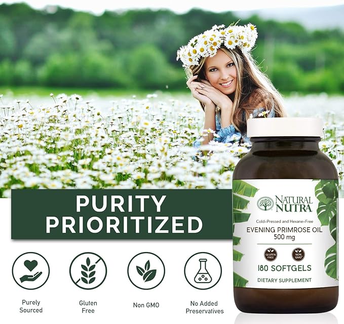 Natural Nutra Evening Primrose Oil Supplement from Fatty Acid, Helps Overcome Body Pain, Nerve Health, Promote Hearth Health & Skin Clarity, Helps Reduce Digestive Discomfort, 500 mg, 180 Softgel