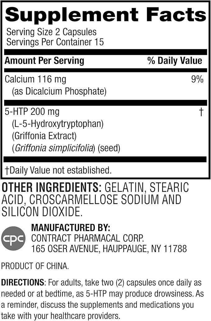 Earth's Splendor 5-HTP Dietary Supplement for Men & Women, Supports a Balanced Mood & Aids in Stress Support, Provides Sense of Calm No Artificial Preservatives Color or Flavor Non-GMO 100 MG