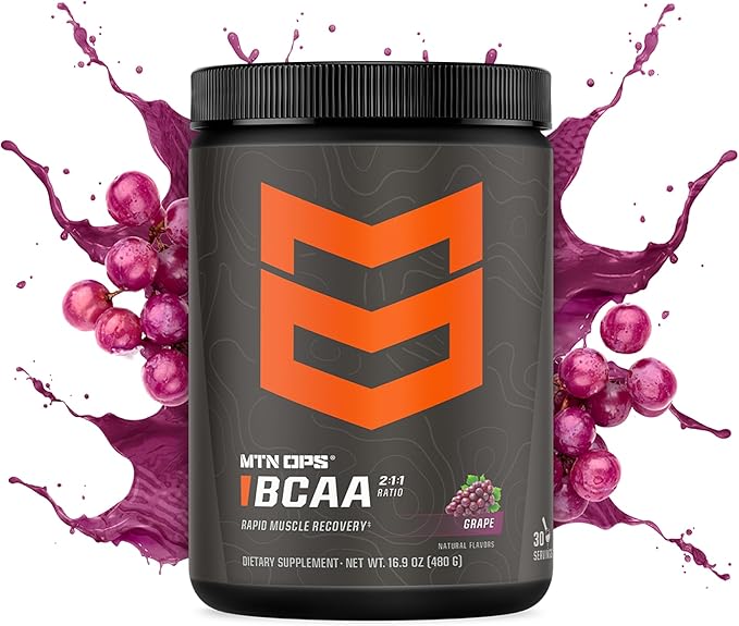 MTN OPS BCAA 2:1:1 Amino Acids Supplement Powder for Rapid Muscle Recovery & Repair with Zero Sugar & Gluten Free, 30 Servings (Grape)