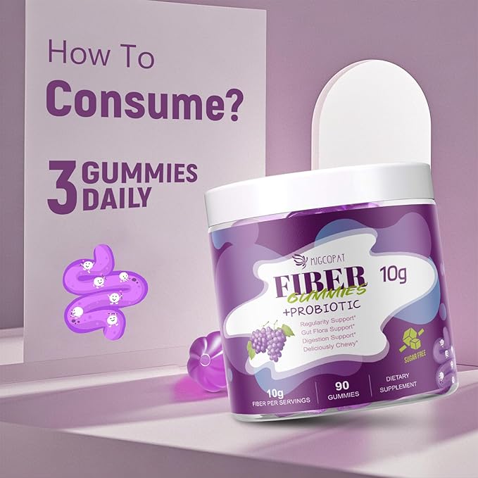 10G Fiber Gummies with 30 Billion CFU Probiotics, Grape Flavor, Bloating Support, Fiber Supplement with Vitamin C, ACV, Inulin, Sugar Free, 180 Count
