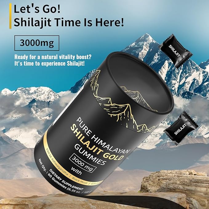 Shilajit Gummies, Pure Himalayan Shilajit Gummies Gold, No Added Sugar Non-GMO 100% Natural & Organic, Ashwagandha, Gokshura| Fulvic Acid & 85+ Trace Minerals for Men, Women | 60 Gummy