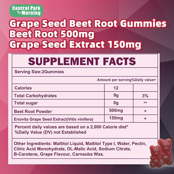 Grape Seed Sugar Beet Energy Gummies, Nitric Oxide and Blood Pressure Support, Grape Seed Extract & Non-GMO Beet Root Gummies, Grape Flavor