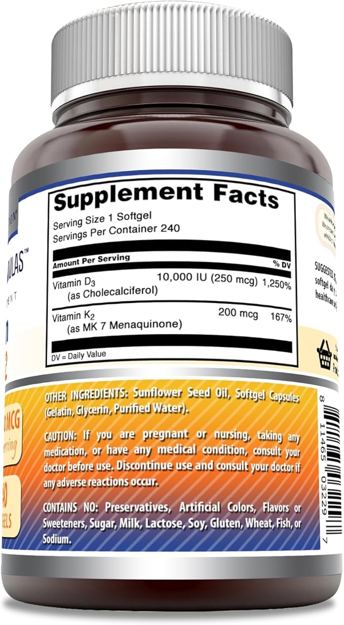 Amazing Formulas Vitamin D3 10000 IU with Vitamin K2 200 Mcg | D3 + K2 Complex Supplement | Non-GMO | Gluten-Free | Made in USA (240 Count, 1 Pack)