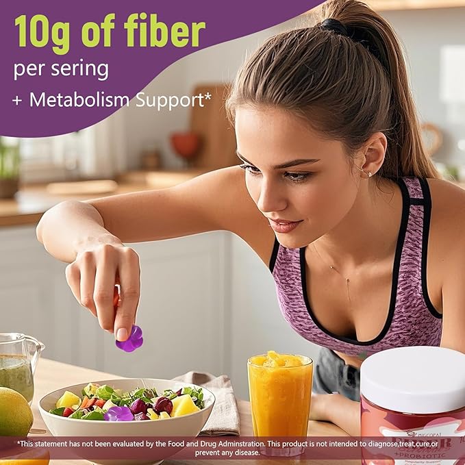 10G Fiber Gummies with 30 Billion CFU Probiotics, Grape Flavor, Bloating Support, Fiber Supplement with Vitamin C, ACV, Inulin, Sugar Free, 180 Count