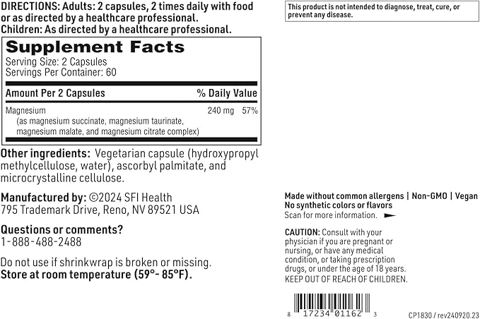 Klaire Labs SFI Health Mag Complete - Magnesium Complex Supplement - with Bioavailable Magnesium Succinate, Taurinate, Malate & Citrate - Support A Healthy Heart, Energy & Nerves (120 Capsules)
