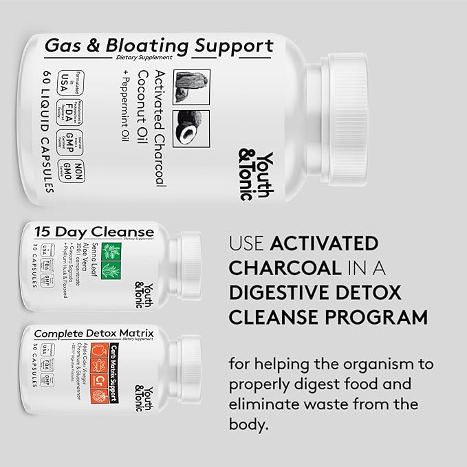 Youth & Tonic Activated Charcoal Pills for Bloating and Gas Relief to Soothe The Stomach and Digestive System Detox with Peppermint & Organic Coconut Oil, for Men & Women - 60 Liquid Capsules