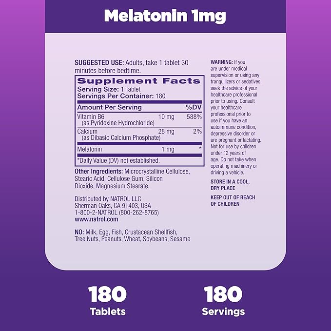 Natrol Melatonin 1 mg, Dietary Supplement for Restful Sleep, Sleep Tablets for Adults, 180 Melatonin Tablets, 180 Day Supply
