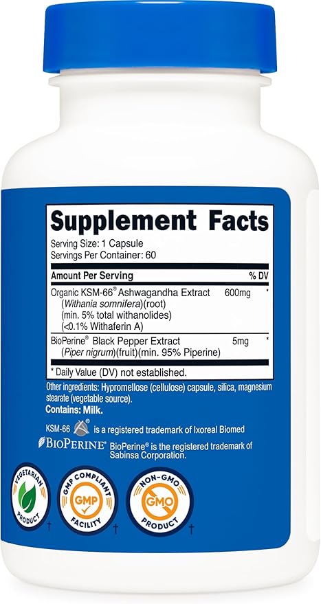 Nutricost KSM-66 Ashwagandha Root Extract 600mg, 60 Veggie Caps - 5% Withanolides - with BioPerine - Full-Spectrum Root Extract