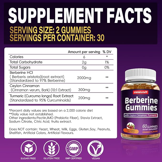 Berberine Gummies with Ceylon Cinnamon, 2000mg Berberine HCI Supplement for Men & Women, Orange Flavored Vegan Sugar Free Gummies (60 Count)(Pack of 1)