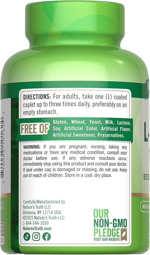 Nature's Truth L Lysine 1000mg | 100 Coated Caplets | Essential Amino Acid | Vegan, Non-GMO, & Gluten Free Supplement
