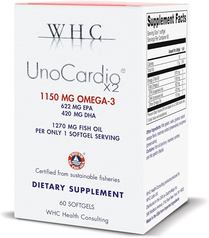 WHC, UnoCardio X2 Fish Oil, Triglyceride Omega-3 Fatty acids, 1270 mg Fish Oil Supplement (622 mg EPA / 420 mg DHA/Total 1150 mg of Omega-3 per Serving), Natural Orange, 60 softgels